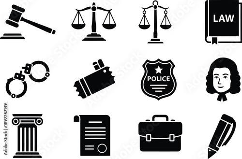 A comprehensive set of black flat icons representing justice, law enforcement, and legal professions