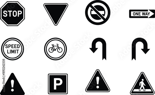 A set of black and white icons illustrating common traffic signs for road safety and navigation
