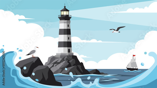 Beautiful ocean scene with a striped lighthouse, seagulls flying, a sailboat in the distance, and crashing blue waves on rocky shores.