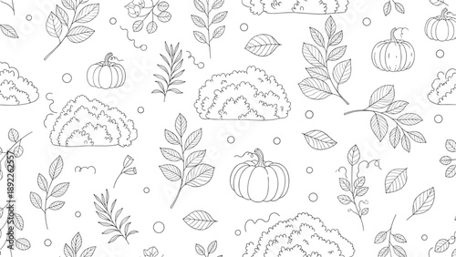 Seamless line art pattern featuring pumpkins, autumn leaves, and small bushes creates a repetitive texture for seasonal fall backgrounds.