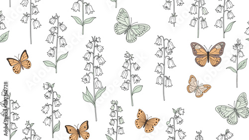 Seamless pattern of delicate blue bellflowers and various colorful butterflies on a white background for spring and nature designs.