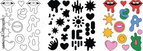 Cute funky doodle stickers and emoji icons collection, colorful hand drawn symbols for social media content and modern web