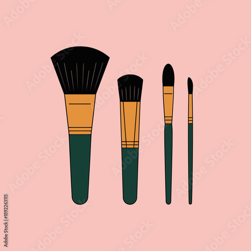 Cosmetic Brushes for Makeup Application Illustrated on Light Pink Backdrop Artwork Design