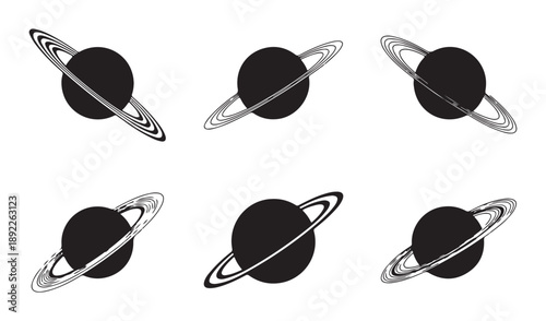 Saturn planet logo collection with black circle silhouettes and orbital rings on white background
