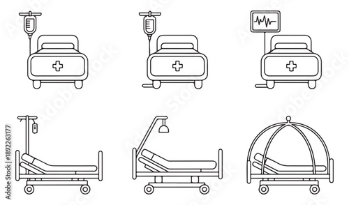 Medical hospital bed icons set with drip stands and heart monitors for healthcare clinic design