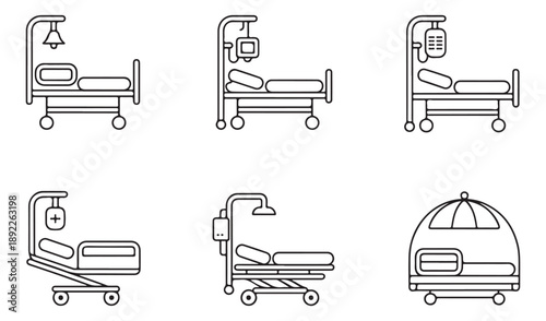 Patient hospital bed line icons collection for medical facility ward and emergency room clinic setup
