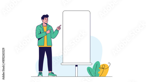 Professional man in casual attire pointing towards a large blank vertical presentation board or sign isolated on a clean white background.