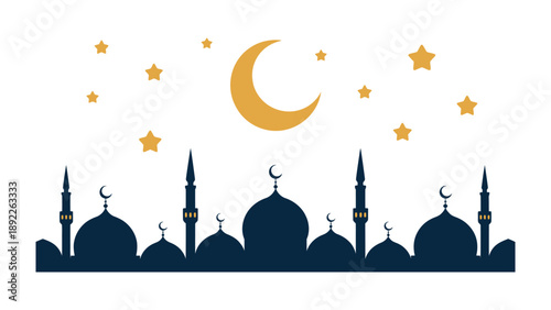 Enlightened Silhouette: A serene silhouette of a grand mosque against the night sky, illuminated by a radiant crescent moon and a scattering of stars, evoking peace and reflection.