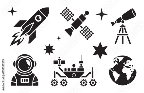 Space and astronomy icon set with rocket, satellite, telescope, astronaut, rover, planet earth
