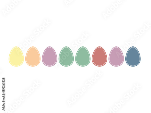 Row of pastel Easter eggs in different colors with outlines, flat design on white background