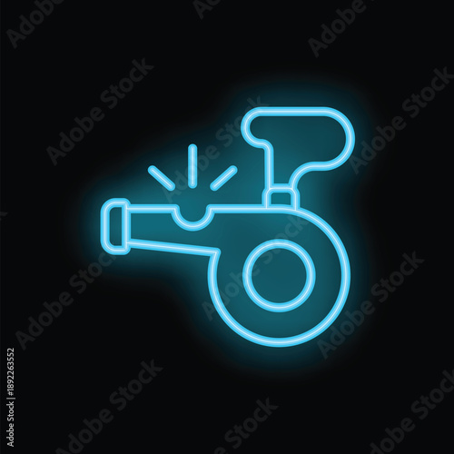 Blue neon icon of a whistle blowing loudly, perfect for representing sound, alert, or attention