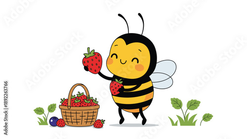 Adorable honey bee character holding a fresh red strawberry next to a wicker basket full of berries in a grassy garden.