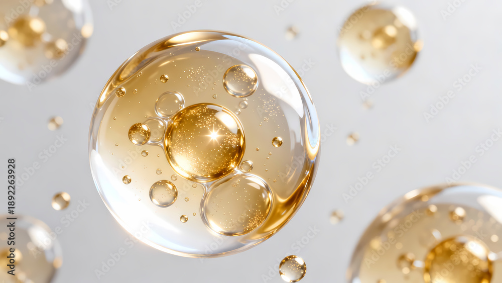 Fototapeta Macro photograph of transparent golden liquid bubbles with inner structures, showcasing skincare or cosmetic product ingredients. Highlights beauty, wellness, and scientific fluid dynamics.