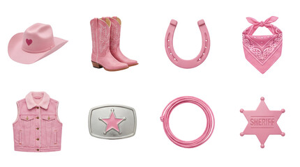 Pink cowgirl accessory set including hat, boots, horseshoe, bandana, vest, buckle, lasso, and sheriff badge isolated. Western fashion and costume collection.