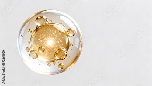 Abstract golden sphere with floating bubbles and droplets on a white background, evoking luxury, science, or cosmetic product concepts.