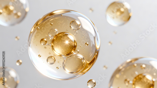 Macro photograph of transparent golden liquid bubbles with inner structures, showcasing skincare or cosmetic product ingredients. Highlights beauty, wellness, and scientific fluid dynamics.