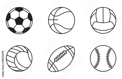 Six different sports balls icons soccer basketball volleyball american football and baseball on white
