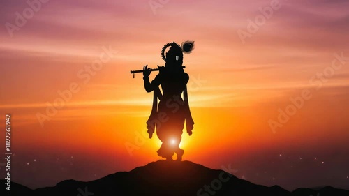 Silhouette of Lord Krishna playing flute against vibrant sunset sky