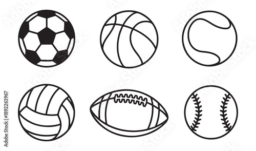 Set of six sports balls icons soccer basketball tennis volleyball american football baseball on white