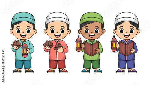 Children Celebrating Eid: A cheerful illustration depicts four children in festive attire, each holding traditional items like dates, lanterns, and books, celebrating Eid's joyful spirit.