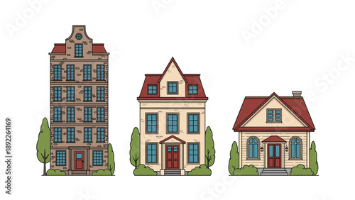 Charming row of three narrow European-style townhouses with red roofs and detailed architectural features isolated on a white background.