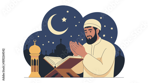 Nightly Devotion: In the tranquil embrace of the night, a man finds solace and connection through prayer. A scene capturing reverence under the serene glow of the moon.