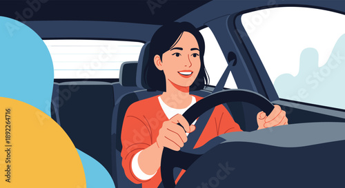 Happy young woman smiling while driving a car, enjoying her journey or commute with confidence and freedom.