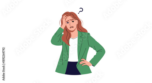 Confused businesswoman with a question mark above her head, feeling stressed and uncertain about a work-related problem.