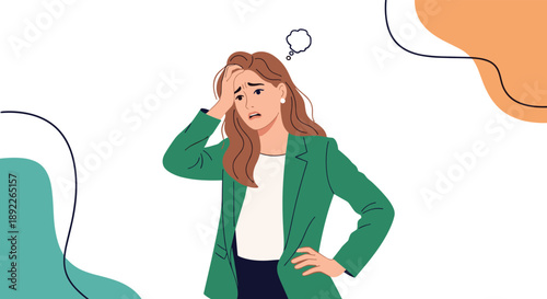 Stressed and worried businesswoman with a hand on her forehead, feeling anxious and thinking about a difficult work problem.
