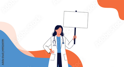 Female doctor in a white coat with a stethoscope holding up a blank sign, ready for a medical message or health announcement.