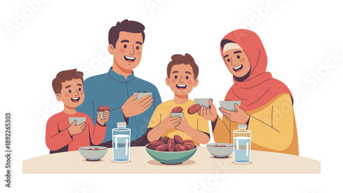 Family Iftar Meal: A loving family shares a meal, their faces alight with smiles as they break their fast, fostering a sense of togetherness and spiritual connection.