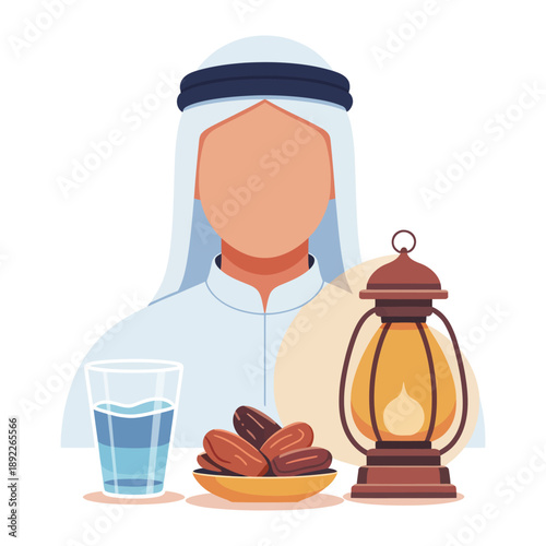 Ramadan Illustration: A spiritual illustration captures the essence of Ramadan, featuring a person adorned in traditional attire, alongside a traditional lantern, dates, and a glass of water.