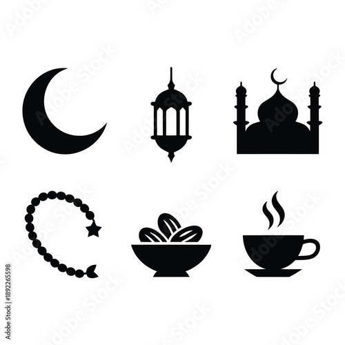Ramadan Icons: A set of six elegant Ramadan icons, each a symbol of the blessed month, including a crescent moon, a traditional lantern, a mosque, prayer beads, dates in a bowl.