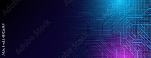 Futuristic Digital Circuit Banner with Blue and Purple Gradient for Technology and Innovation Themes
