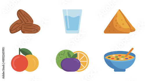 Healthy Meal Composition: A delightful collection of almonds, water glass, samosa, fruit, and soup, presenting a symphony of flavors and textures.
