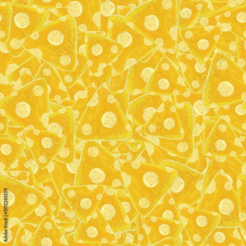Hand painted seamless pattern with cheese pizza, drawing with acrylic paints.