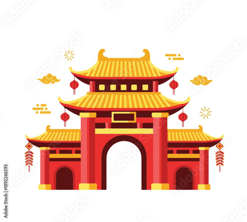 A vibrant illustration of a traditional Chinese gate with red lanterns and golden roofs, symbolizing cultural heritage and festive celebrations.