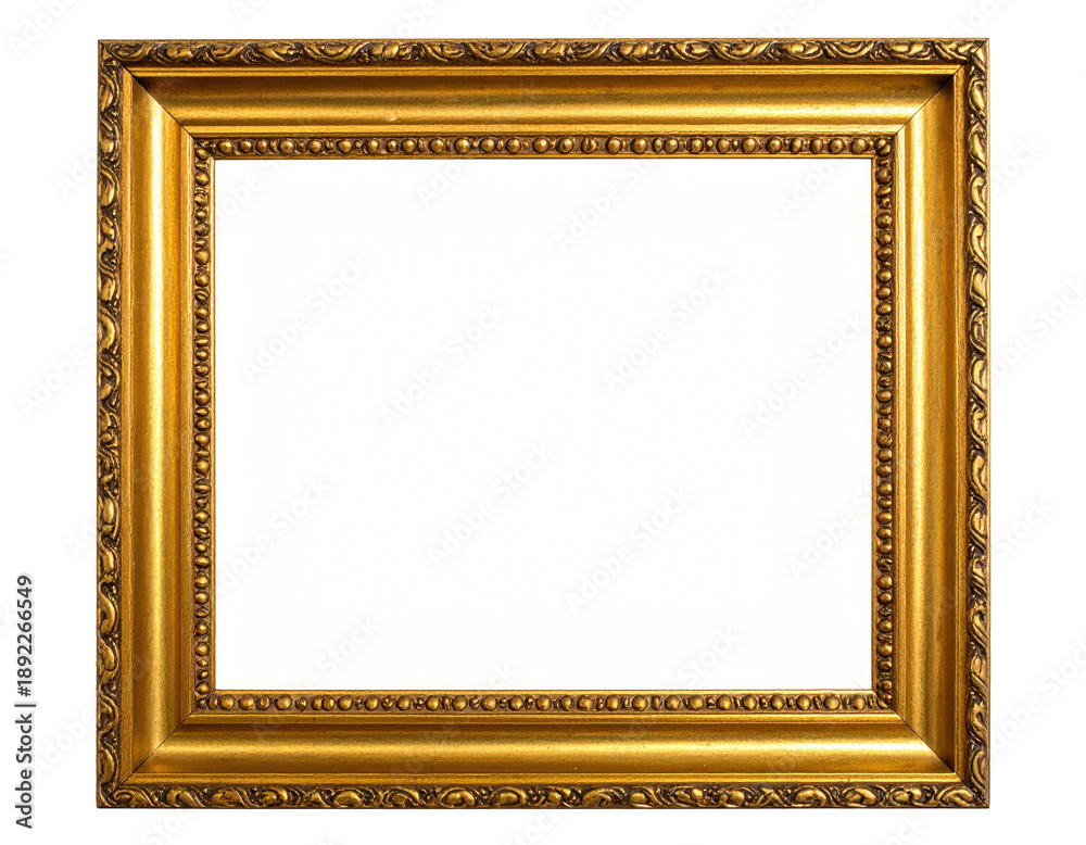 Fototapeta premium Ornate, gilded rectangular picture frame. The empty space is bright white against a dark background