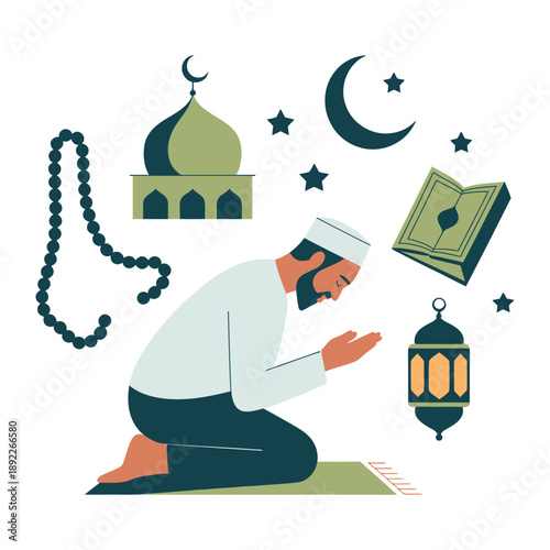 Devout Devotion: A Muslim man in prayer, surrounded by symbols of faith, kneels with reverence. The scene captures the tranquility and spiritual connection of the individual with his deity.