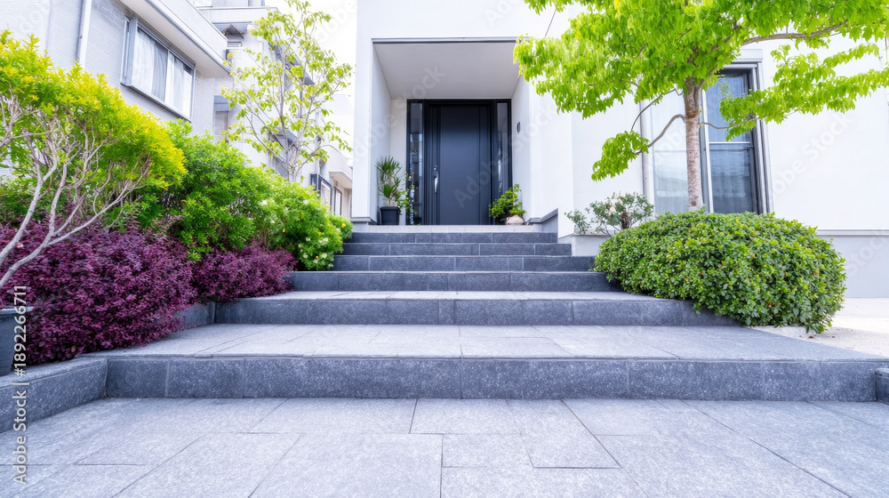 Obraz premium Modern home entrance with elegant granite stairs and vibrant landscaping welcoming visitors to a luxury residence