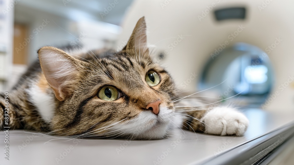 Naklejka premium Injured paw cat on table undergoing MRI at vet clinic