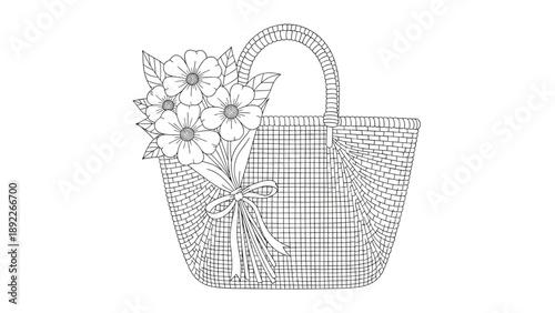 Wicker basket filled with a beautiful bouquet of flowers and tied with a ribbon shown in a detailed black and white line art.