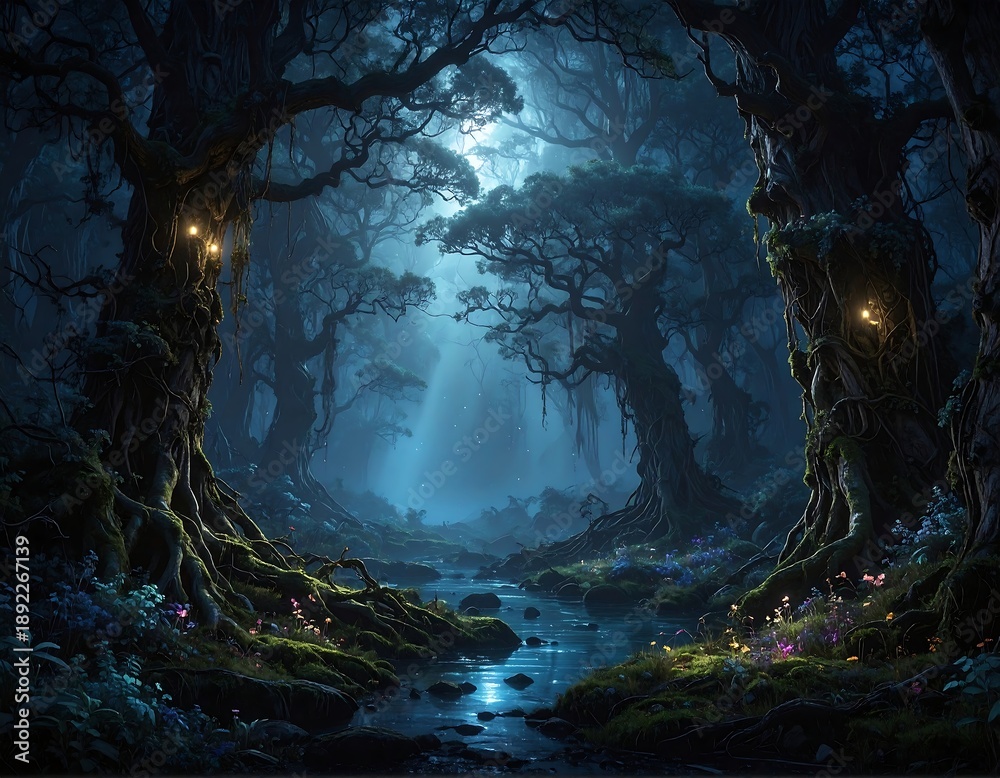 Naklejka premium A mystical forest with a stream, glowing mushrooms, and a moonlit atmosphere