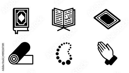 Sacred Symbols: An array of Islamic icons, representing core elements of faith and devotion, laid out with reverence.