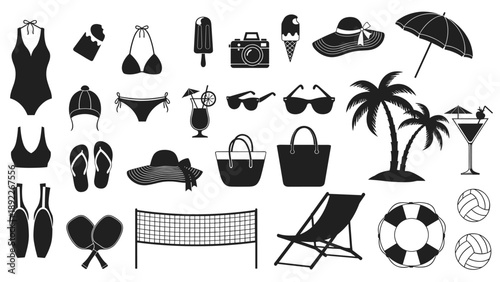 Large collection of black and white icons representing summer beach activities, including palm trees, swimsuits, and refreshments.