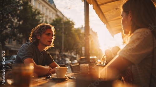 Young man in conversation at an outdoor city cafe. Couple talking at a restaurant table during a warm sunset