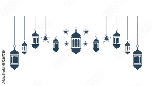 Islamic Lanterns and Stars: A symmetrical arrangement of traditional lanterns and stars hang, evoking a sense of cultural heritage and festive joy.
