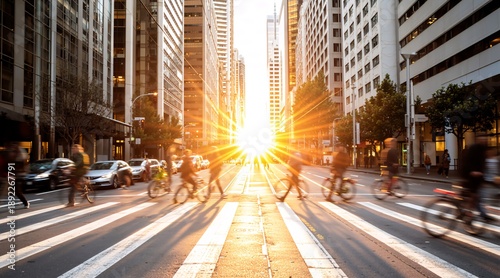 Motion blurred people commuting on a busy city street at sunset. Long exposure of cyclists and pedestrians on a crosswalk. Urban cityscape with a bright sun flare