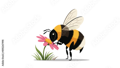 Large bumblebee sits on a vibrant pink flower to collect nectar in this charming nature-inspired vector illustration for springtime.