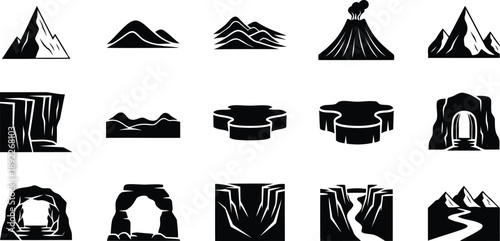 A collection of black silhouette icons representing various landforms and terrain features